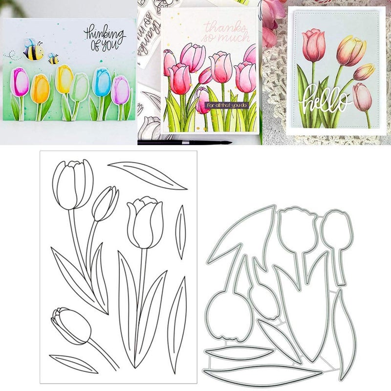 Lottoyday Tulip Silicone Clear Stamp and Die Sets for Card Making, DIY Embossing Photo Album Decorative Craft - Image 1